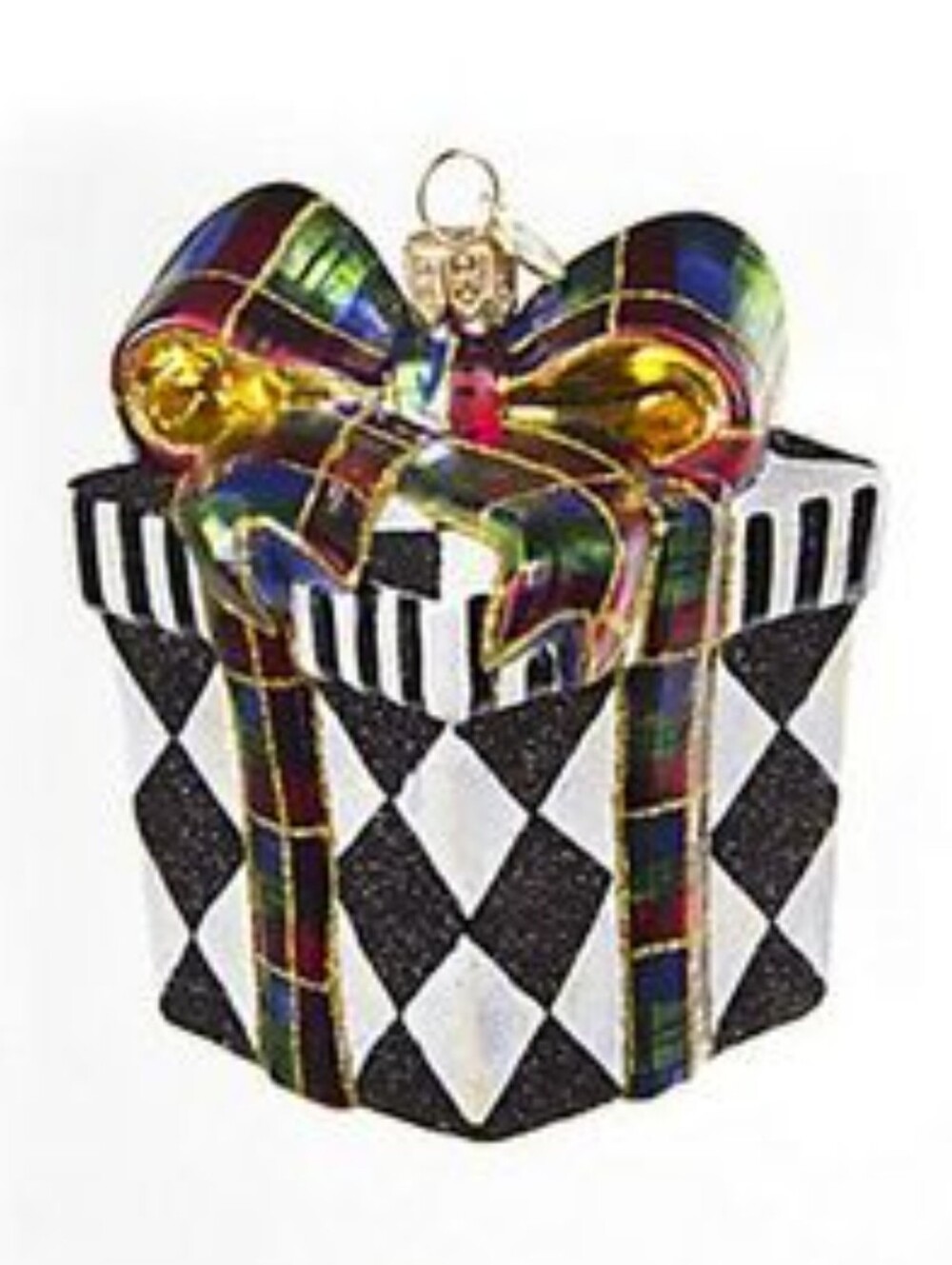 Mackenzie Childs Glass Harlequin Present With Tartan Ribbon Bow Ornament